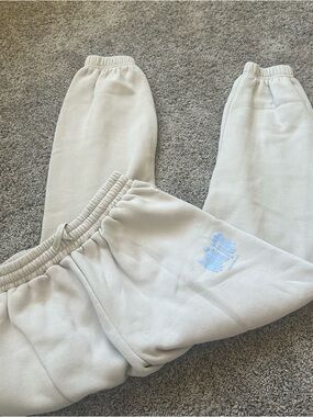 White Fox Boutique Cream Track Joggers with Light Blue Logo